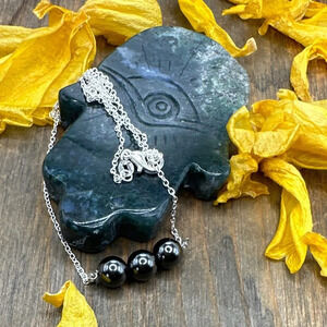 Gray Hematite chrome color balance bar sterling silver necklace/protection